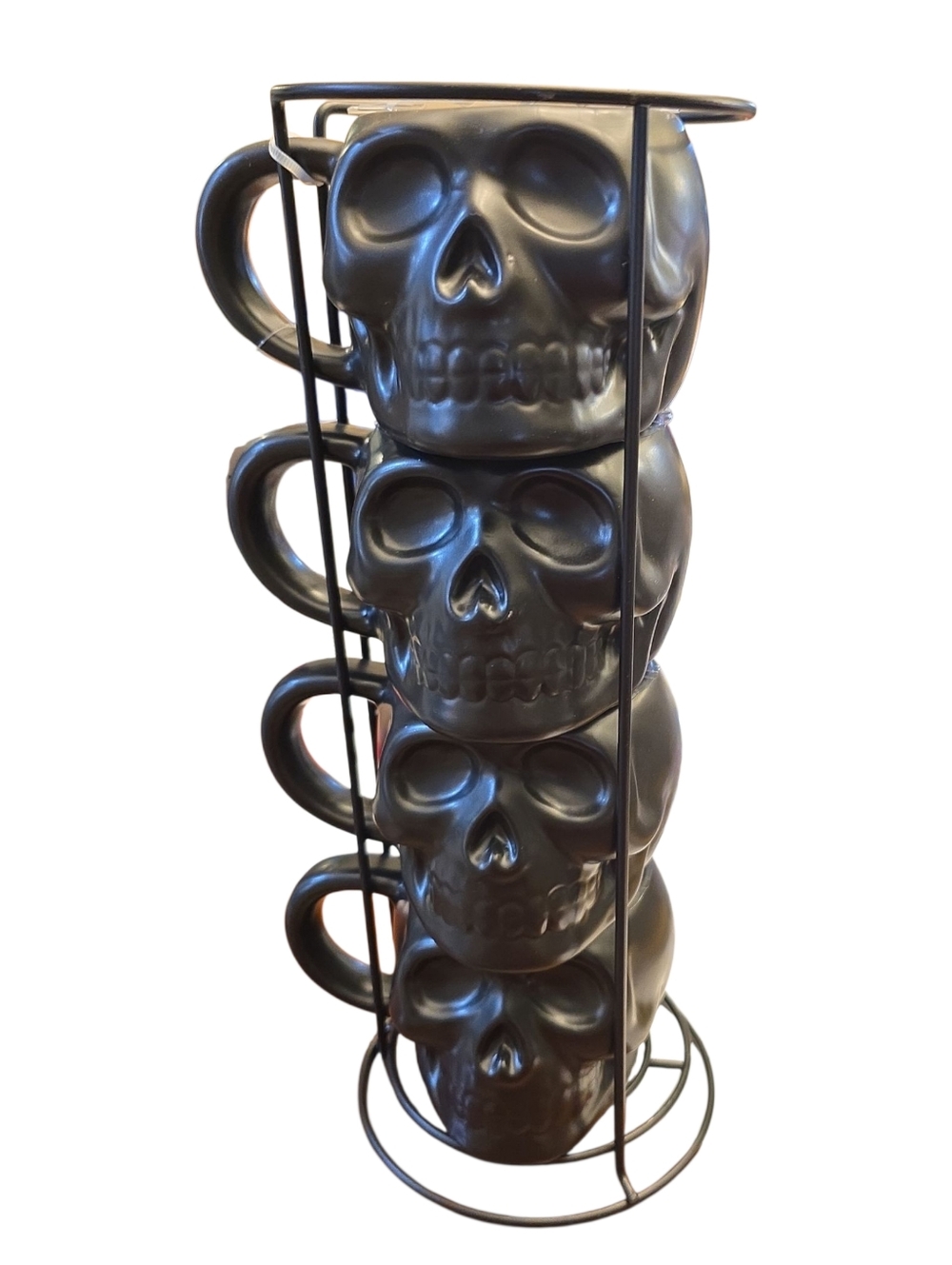 Black Skull Ceramic Mugs Stackable Gothic 3D 4 Mugs with Wire Holder